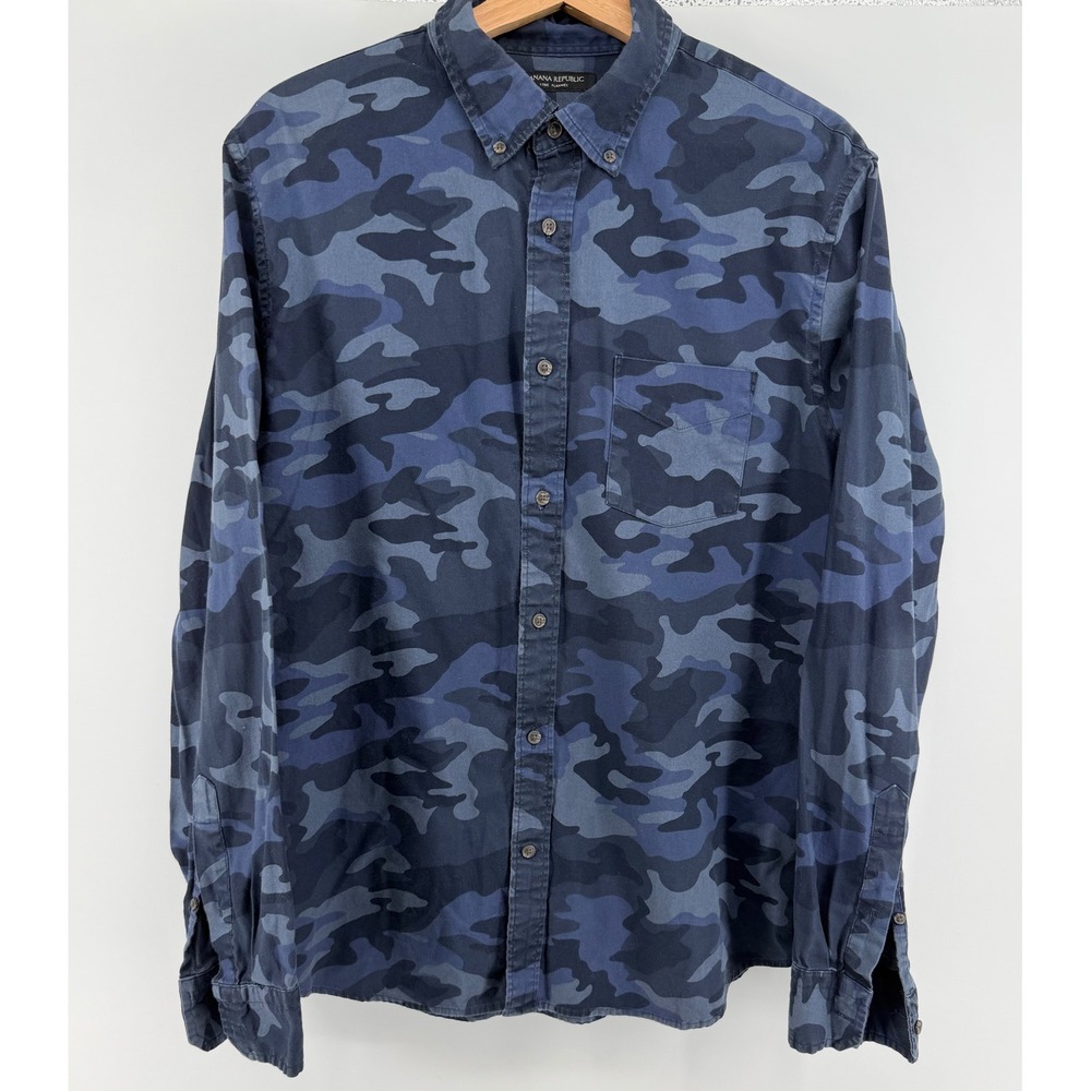 Banana Republic Luxe Flannel Shirt Mens Large Blue Camo Untucked Slim Fit 1016